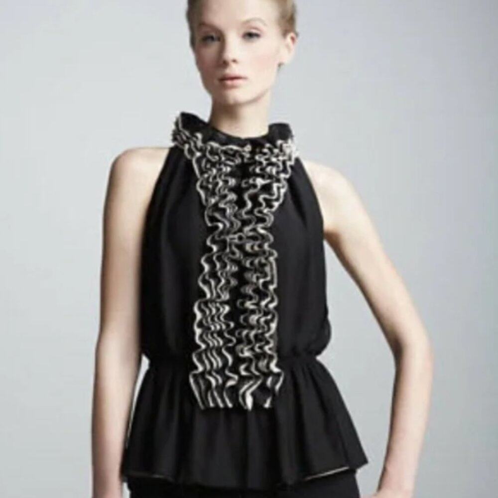 Neiman Marcus Robert Rodriguez Black Tan Ruffle Blouse Regal Victorian Medieval